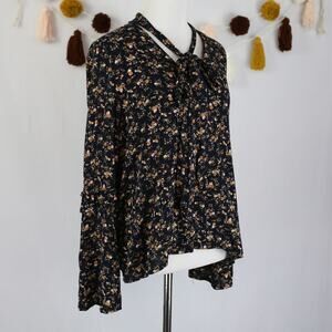 Very J Black Floral Front Tie V-Neck Long Sleeve Button Down Blouse Top Small